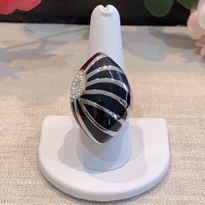 Stainless Steel Black Silver Large Oval Cocktail Ring w/ Crystals